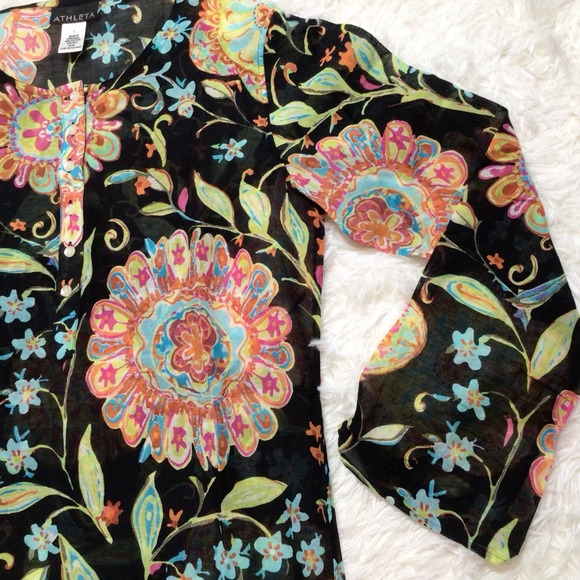 Athleta Silk Tunic Swim Cover Semi Sheer Floral Buttons Boho Swim Cover Small M - Picture 8 of 11